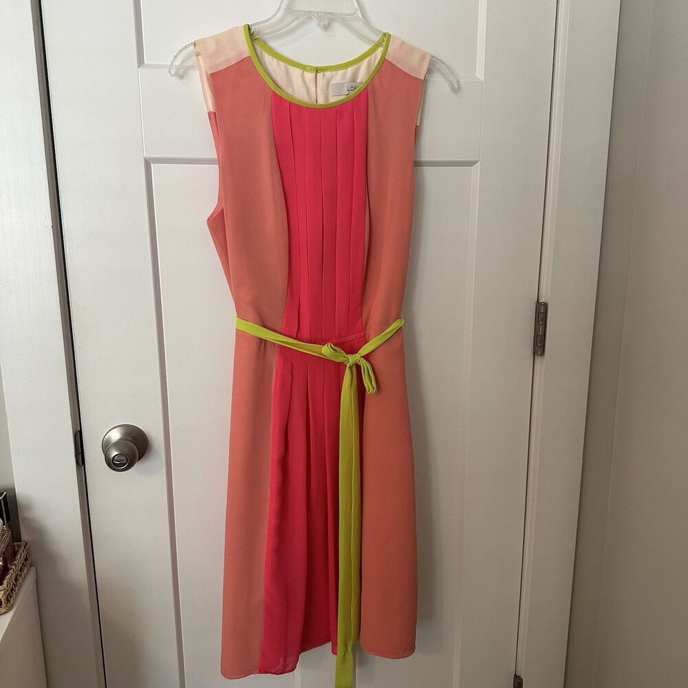 Ann Taylor LOFT Pink Pleated Color Block Dress Size 14 Spring Summer